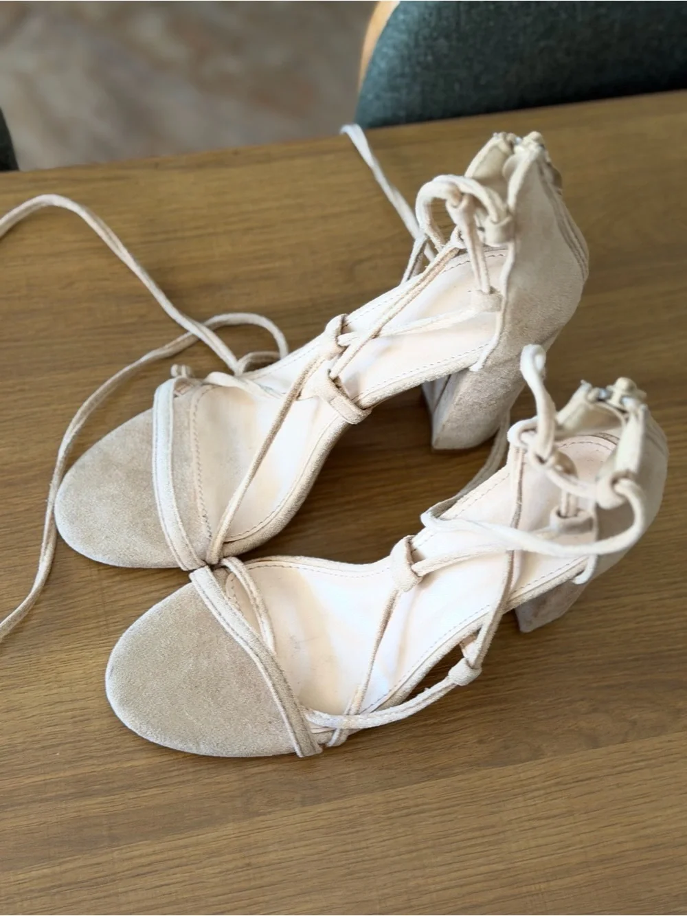 SHEIN Beige Suede Lace-Up Block Heel Sandals